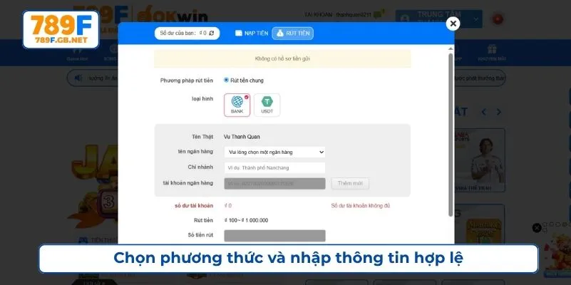 Chọn phương thức và nhập thông tin hợp lệ